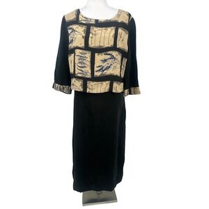 Vintage Wild Rose Silk Maxi Dress 10 Black Tan 90s Artsy Made USA Earthy Boho